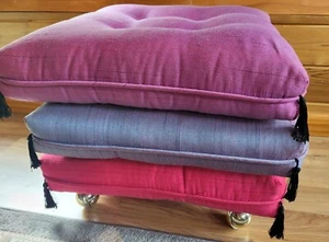 Vintage 3 Tuft Pillows W/Fringe On Gold Wheels Ottoman Foot Stool - Picture 1 of 10