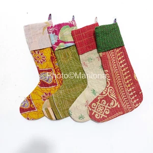Vintage Kantha Handmade Christmas Decorative/Christmas Tree Stocking 4 pcs set - Picture 1 of 2