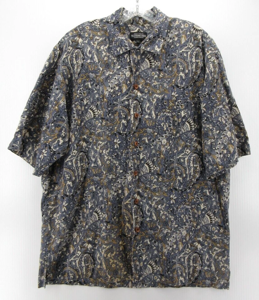 J Peterman Company Shirt Men Large Blue Linen Paisley Camp Loop Collar Button Up - Image 1 of 4