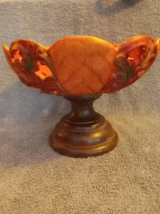 Fall Orange/Brown Pedestal Compote/W Fall Leaves 7" Tall And 9 1/2" Across - Picture 1 of 7