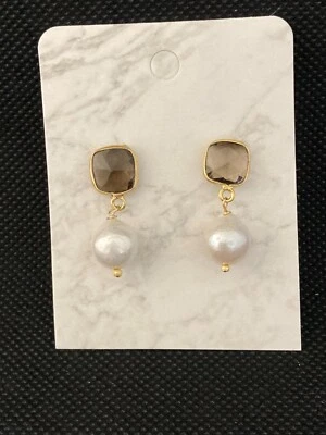 Pendientes colgantes de plata de ley .925/GP perlas de agua dulce y cuarzo ahumado Foto 1 de 4