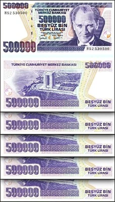 Turkey 500,000 500000 Lira 1997, UNC, 5 Pcs LOT, Consecutive, P-212, Prefix H - Image 1 of 4