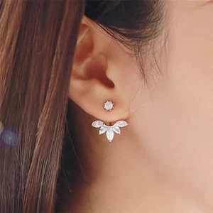 Ear Jacket Front Back Leaf Flower Crystal CZ Stud Earrings Silver Gold Tone E1 - Picture 1 of 6