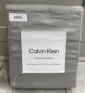 CALVIN KLEIN 100% Cotton SATEEN WEAVE XDP KING SHEET Set 300TC Solid Gray Grey - Picture 1 of 3