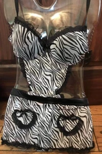 Rene Rofe Black And White Zebra Print Apron 2 Piece Lingerie Set Medium / 6 NEW - Picture 1 of 15