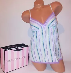 Victoria Secret Lingerie Camisole Cami Tank Top White Purple Stripes Lace - Picture 1 of 3
