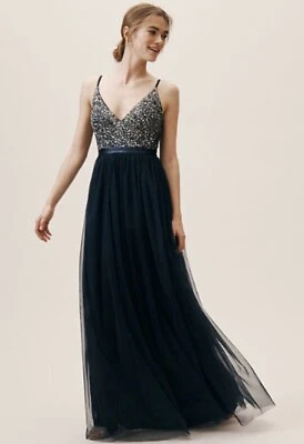 Vestido Anthropologie X BHLDN Avery Talla 8 Azul Marino Medianoche Lentejuelas Tul $250 Foto 1 de 2