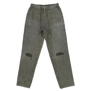 Aerie Faded Olive Green Distressed Chambray Elastic Waist Straight Leg Pant Sz S - Picture 1 of 5