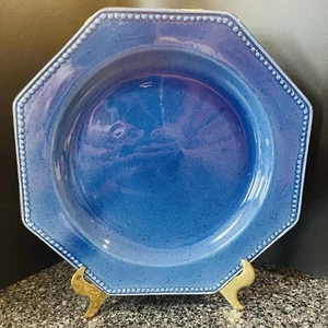 VTG Terre E Provence Blue Octagon Beaded Dinner Plate - Made In France - Picture 1 of 4