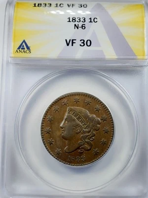 1833 1c N-6 Coronet or Matron Head Large Cent ANACS VF30  - Image 1 of 4