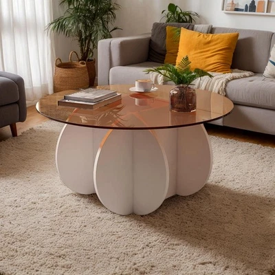 Mid Century Modern Round Glass Coffee Table for Living Room, Small Coffee Tab... - Image 1 of 4