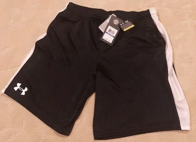 NWT Under Armour Heat Gear Boys YouthXL Loose Fit Black Shorts With White Stripe - Image 1 of 3