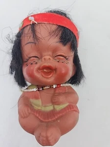 Vintage Native American Indian Laughing Baby Doll w/beaded necklace 3-1/4" - Picture 1 of 5