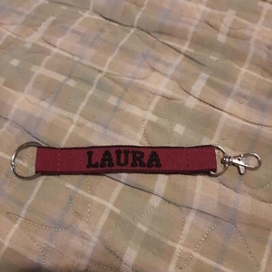 LAURA Embroidered Name Strap Key Ring, Keychain with Clasp (MAROON & BLACK) - Picture 1 of 2