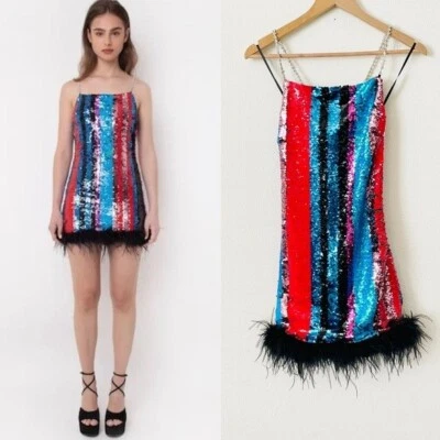 AMY LYNN MEDIUM Feather Trim Sequin Disco Mini Colorful bling Dress - Image 1 of 4