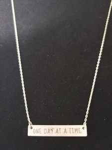 ONE DAY AT A TIME Message Inspirational Bar Necklace Brushed Silver - Picture 1 of 2