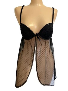 Victoria's Secret Sexy Little Things Black Babydoll 36B Lace Sequins - Picture 1 of 7
