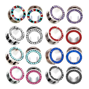 2pc Multi Crystal Gem Screw Flesh Tunnel Steel Ear Stretcher Gauge Plug 3mm-25mm - Picture 1 of 16