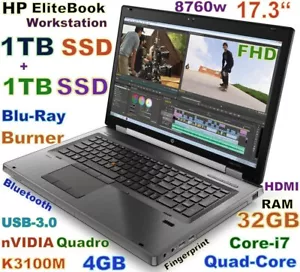 Workstation HP 8760w 17.3" FHD i7-Quad 2TB SSD Blu-Ray Burner Quadro K3100M 4GB - Picture 1 of 12