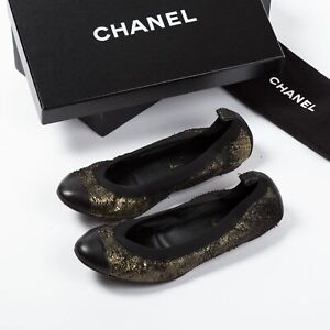 CHANEL Women Ballet Flats Gold Leather Glitter Round Toe Slippers Shoes EU 37