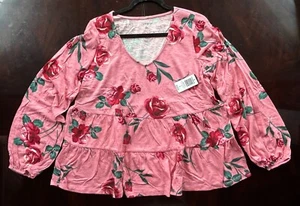 TORRID 0 NWT Wild Rose V-Neck Tiered Long Sleeve Top - Picture 1 of 5