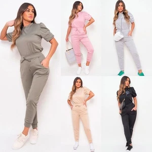 Ladies Womens Tracksuit Loungewear Ruched Short Sleeve Boxy Trouser Jog Puff Set - Picture 1 of 16