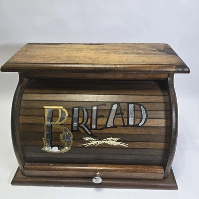VTG Roll Top Wooden Bread Box Countertop Top Storage Rustic Farmhouse Shabby - Image 1 of 4