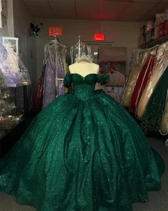 Green Beaded Lace Applique Quinceanera Dresses Off Shoulder Sweetheart Ball Gown - Picture 1 of 15