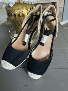 Vionic Maris Wedge Espadrilles Sandals Womens 7 Black Tan Lace Up Comfort - Picture 1 of 8