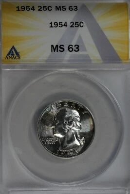 1954  .25   ANACS   MS 63    Washington Quarter, Silver 25 Cents (0.25) - Image 1 of 2