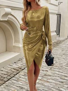 Gold Tied Boat Neck Long Sleeve Mini Evening Party Dress - Picture 1 of 26