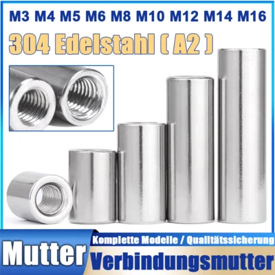 Gewindemuffen M3 - M16 Hülsenmutter Verbindungsmutter Gewindehülse A2 Edelstahl - Bild 1 von 4