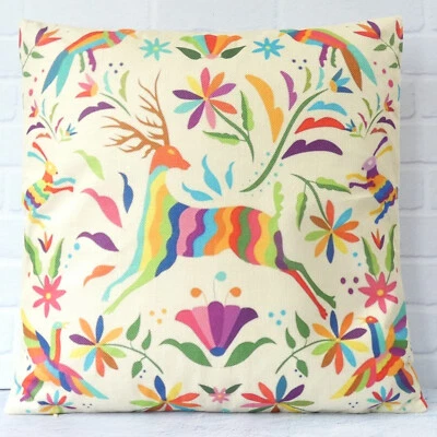 Multi-coloured Otomi Deer Cushion Cover Retro Abstract Decorative Mexican Gift - Image 1 of 4