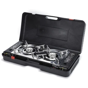 Portable Outdoor Twin Stove Camping Hiking 2 Burner Gas Stove BBQ Cooker w/Plate - Picture 1 of 13