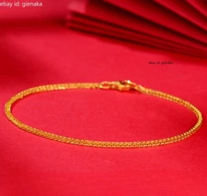 Pure 999 24K Yellow Gold Bracelet Thin 1mm Wheat Link Chain Men Women 5.9-9.8"L - Picture 1 of 7