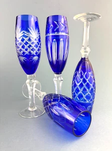 4 IMPERIAL ESTATE Triumph Cobalt Blue Cut to Clear Crystal Champagne Flutes - Picture 1 of 4