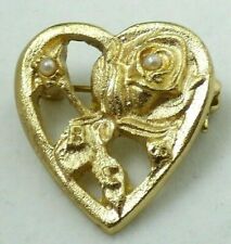 Vintage Heart Pendant Brooch Combo Brushed Gold Tone Rose Flower Faux Pearls BC