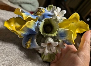 Vtg Capodimonte Porcelain Flowers Yellow Blue Bearded Irises & Candle Holder - Picture 1 of 13