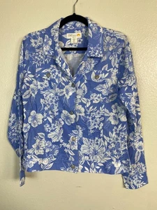 C&C California 100% Linen Button Up Jacket Medium Floral Boho Hawaiian Blue Whi - Picture 1 of 17