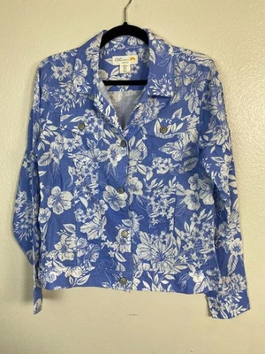C&C California 100% Linen Button Up Jacket Medium Floral Boho Hawaiian  Blue Whi - Image 1 of 4