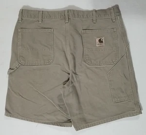 VTG Y2K CARHARTT Khaki Carpenter Duck Canvas LEATHER PATCH Shorts Sz. 38x8 - Picture 1 of 9