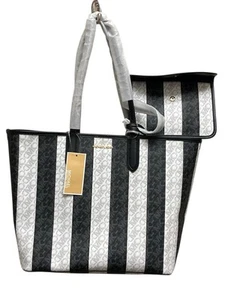 M Kors Eliza schwarz/weiß Monogramm Streifen Wende Leder Tasche mit Tasche Neu mit Etikett - Bild 1 von 12