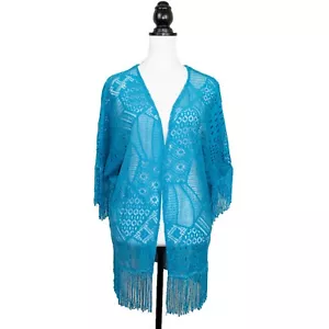 Turquoise Cover Up Kimono Tasselled Crochet Cotton Shawl BNWT Size M 16 18 Lace - Picture 1 of 7