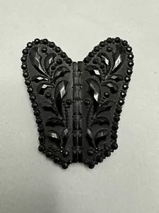 Antique French Jet Glass Black Brooch Victorian Mourning Corset Shaped Buckle - Picture 1 of 8