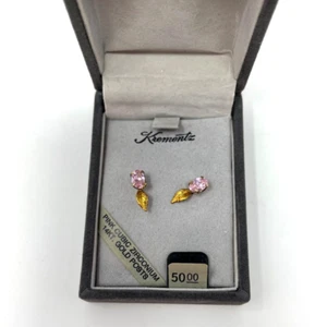Krementz Pink Cubic Zirconium 14KT. Gold Posts Pierced Earrings Studs Leaf - Picture 1 of 15