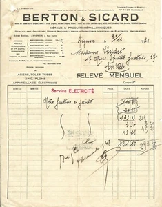 FACTURE Berton Sicard  " Service électricité " - Picture 1 of 1