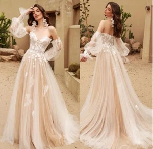 V Neck Ruffles Applique Wedding Dresses A Line Half Balloon Sleeves Sweep Train - Picture 1 of 16