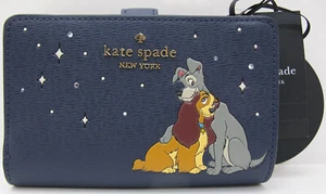 NWT DISNEY x KATE SPADE Lady & Tramp Leather Compact Bifold Wallet Parisian Navy - Picture 1 of 10