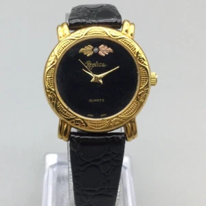 Réplica Reloj Mujer 28mm Hojas Doradas Correa Cuero Negro Batería Nueva - Imagen 1 de 15