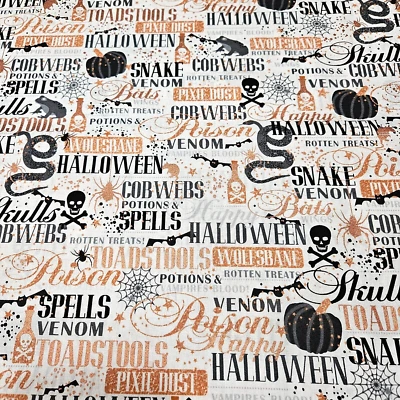 1 yd Potions & Spells Quilting Treasures Halloween Metallic Copper Word Pumpkin - Image 1 of 3